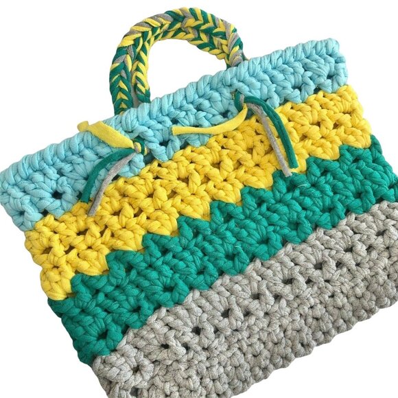 Handcrafted Multicolor Crochet Tote Bag With Braided Handles Unique Design Retro - Picture 4 of 6